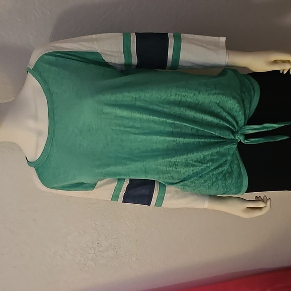 3/$30 SO Green and White Striped Sleeve Relaxed Baseball Tie Waist Burnout Shirt - Picture 3 of 8